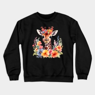 A baby giraffe decorated with beautiful watercolor flowers Crewneck Sweatshirt